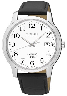 SEIKO 精工 全銀殼 白面 數字刻度 防刮鏡面 日期 皮帶錶 (SGEH69P1) 銀X白/40mm