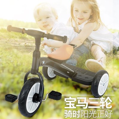 現貨汽車模型機車模型擺件寶馬BMW兒童三輪車腳踏車遛娃神器寶寶車童車軟質座椅紅藍灰BMW