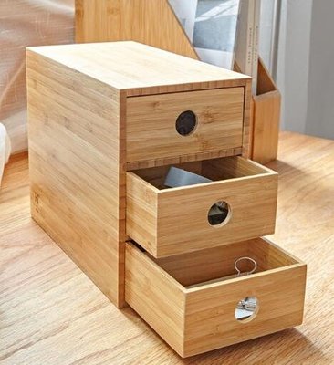 5896A 日式 竹製桌面收納盒 分格三抽屜置物盒三層櫃 書桌整理盒辦公文具收納盒抽屜櫃