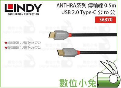 數位小兔【LINDY 林帝 ANTHRA系列 Type-C 公 to 公 0.5m】傳輸線 雙面盲插 USB 2.0