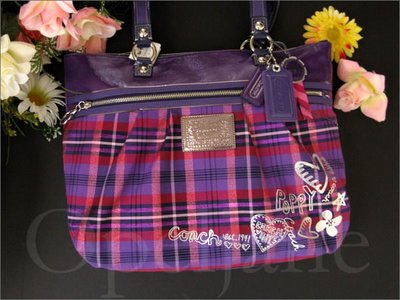 Coach Poppy 紫色 粉紅色 格紋織布 亮面漆皮真皮是邊 側肩背 包托特 購物包 免運費 iCoachBag
