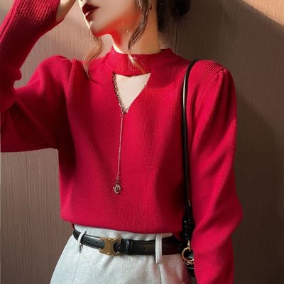 毛衣女秋冬新款高級感超好看愛心中高領加厚紅色針織衫上衣女-三島制衣SAMDAO