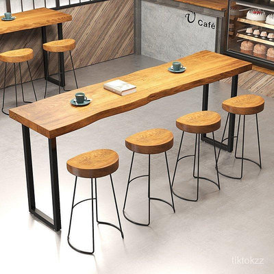 實木吧台桌椅長條桌奶茶店休閒桌高腳桌咖啡桌漢堡快餐桌靠墻窄桌
