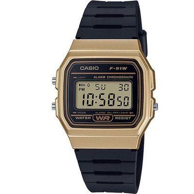 CASIO WATCH 卡西歐運動復古版黑金電子矽膠帶腕錶 型號：F-91WM-9A【神梭鐘錶】