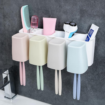 吸壁式牙刷架洗漱套裝壁掛吸盤三四口漱口杯擠牙膏器衛生間置物架