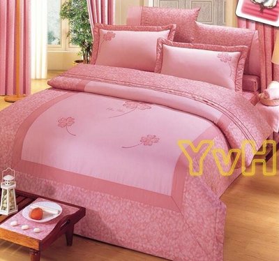 ==YvH==Smart 台灣製精品 03幸運草貼布繡 粉色 六件式雙人鋪棉床罩組 100%精梳純棉