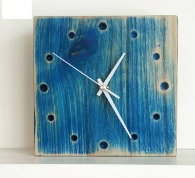 4238A 日式天然木製方型牆鐘 水洗藍色掛鐘 時尚方型時鐘牆鐘壁掛鐘 靜音鐘裝飾牆鐘