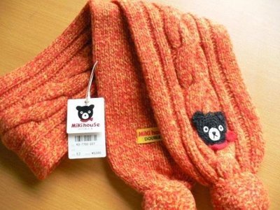 全新日本MIKI-HOUSE D.B黑熊橘色毛球麻花圍巾