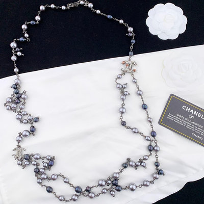 國際精品CHANEL香奈兒紫色珍珠雙C雙層長項鍊 毛衣鏈 代購