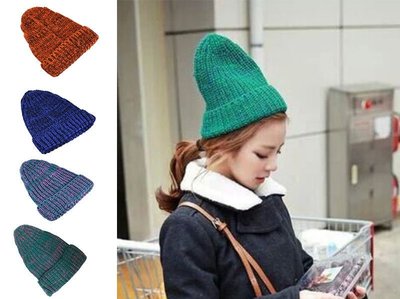 韓版混針織毛帽 混色線拼色帽 冬季保暖帽 保暖 情侶帽：藍/綠/橘(預購)【A002】
