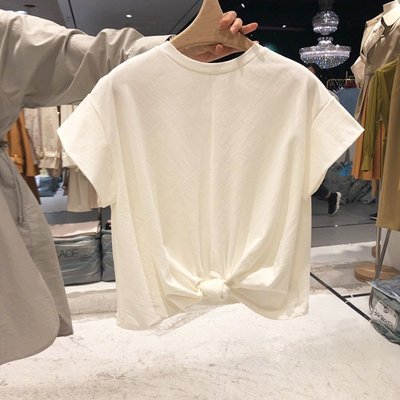 現貨熱銷-韓版 韓國東大門女裝2021夏季新款潮流交叉扭結純色飛飛袖T恤短袖上衣 MN128260