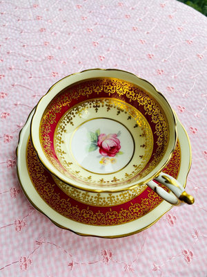 英國骨瓷Paragon帕拉貢淡紅色重鎏金玫瑰花圖案闊口咖啡杯