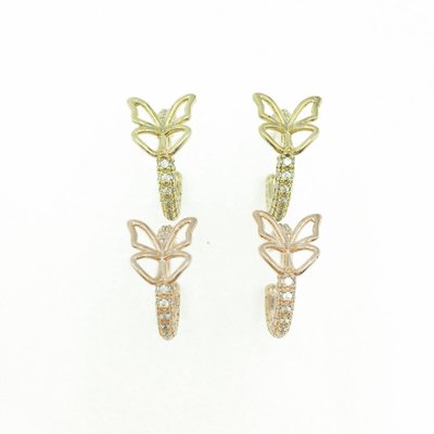 韓國 抗敏電鍍 C字型 水鑽 蝴蝶 造型 金色 玫瑰金 耳針式耳環