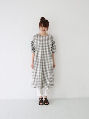 SM2【Samansa Mos2】 ♥日本品牌♥  灰色格紋  拼接蓬袖  棉麻洋裝