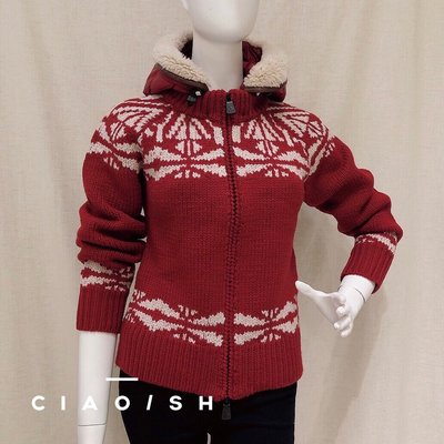 CIAO/SH 名牌精品店 MONCLER紅底白花紋 羊毛針織可拆式羽絨連帽拉鍊外套