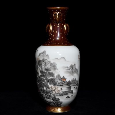 乾隆木紋描金墨彩山水紋瓶，高29.8cm直徑13cm，編號24 瓷器 古瓷 古瓷器