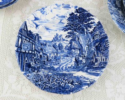 紫丁香歐陸古物雜貨♥英國1960年代Enoch Wedgwood 手描英國鄉村風情話藍色餐盤.沙拉盤一個