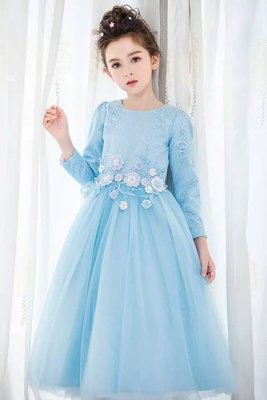 韓版女童藍色長禮服 蓬蓬裙 公主裙 畢業季演出服 鋼琴演奏 花童 長袖禮服 洋裝紗裙