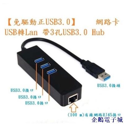 企鵝電子城免驅動 USB3.0 外接網路卡USB轉RJ45 3孔USB Hub有線外接網卡千兆網卡