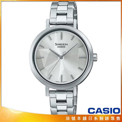 【柒號本舖】CASIO 卡西歐 SHEEN 藍寶石幾何圖形鋼帶女錶-銀色 / SHE-4558D-7A (台灣公司貨)