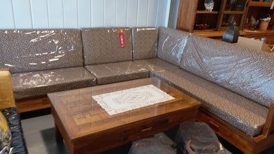幸福家實木傢俱 L型交叉柚木沙發, 沙發組含 2+2+1+轉角+大茶几,價格包含坐墊, (SOFA 1 L)
