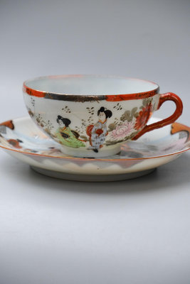 日本帶回明治期出口九谷赤繪蛋殼瓷咖啡杯杯托有老修不影響