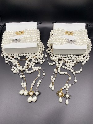 現貨熱銷-Vivienne Westwood 金色銀色三層不對稱珍珠項鏈