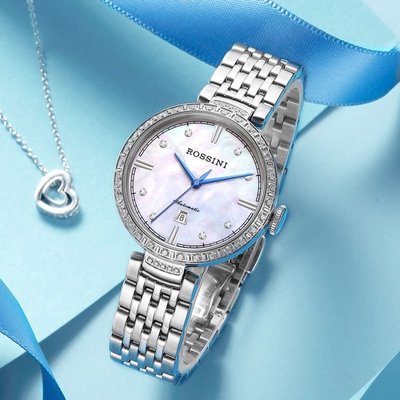 新款羅西尼手錶女貝母錶盤時尚帶鑲鉆防水機械女士腕錶522798正品