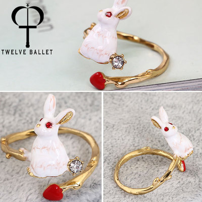 現貨Les Nereides琺瑯彩時尚個性可調節可愛小兔子紅心萌兔戒指飾品女新潮明星同款熱銷