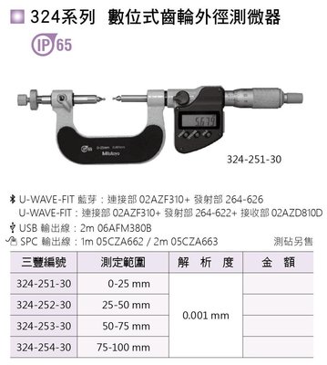 日本三豐Mitutoyo 324系列 數位式齒輪外徑測微器 數位式齒輪外徑測微卡