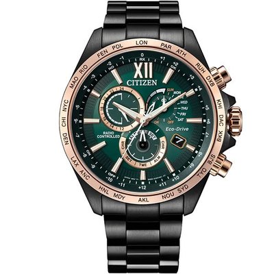 CITIZEN 星辰 廣告款 亞洲限定光動能萬年曆電波手錶-45mm/森林綠x黑(CB5956-89X)