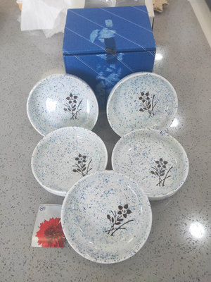 日本回流 美濃燒 餐缽五客 瓷雕刻花紋 藍色芝麻釉點綴 全新