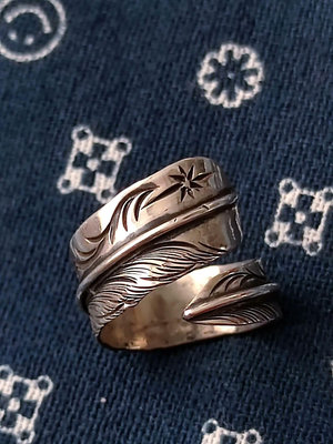 日本銀飾bighand八本雕純銀羽毛戒指指環
