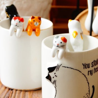 日本流行下午茶點心趣味創意動物設計餐具 陶瓷製手繪釉彩多色可愛斑紋貓咪造型攪拌匙 立體小貓造型攪拌棒 湯匙 湯勺 咖啡店