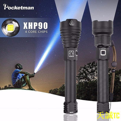 天誠TC高質量的強大的XHP90 LED手電筒燈變焦手電筒USB可充電戰術燈18650或26650露營狩獵燈