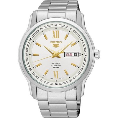 【金台鐘錶】SEIKO 精工 男錶 5號機械錶 (銀面x金刻度錶盤) 43mm 經典款 SNKP15K1