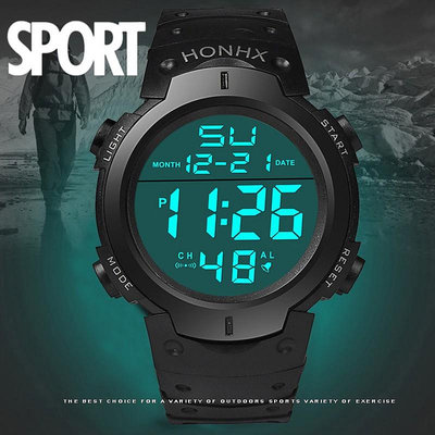 【】HONHX LED大錶盤手錶 男士防水矽膠 LED數碼手錶碼錶日期橡膠運動軍用腕表