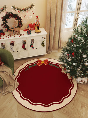 誕裝飾地毯圓形喜慶節日紅色誕節氛圍布置地墊誕樹墊子腳墊