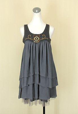 貞新二手衣 Spiral Girl 日本品牌 灰色民俗風圓領無袖棉質雪紡紗洋裝F號(42101)