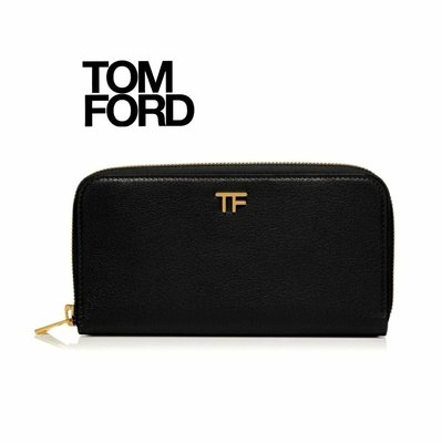 TOM FORD   ( 黑色×金屬金色 ) 真皮 拉鍊長夾 皮夾 錢包 中性款｜100%全新正品