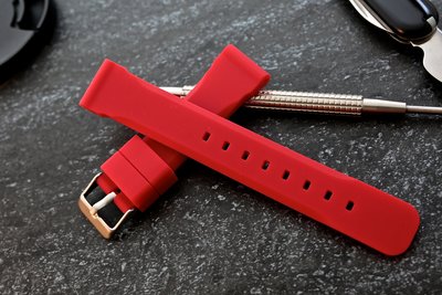 24mm平面雙削邊 高質感紅色矽膠錶帶不鏽鋼扣替代citizen seiko