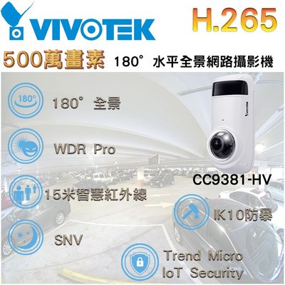 H.265 5MP 500萬畫素 180°水平全景網路攝影機 VIVOTEK 晶睿 CC9381-HV IPCAM