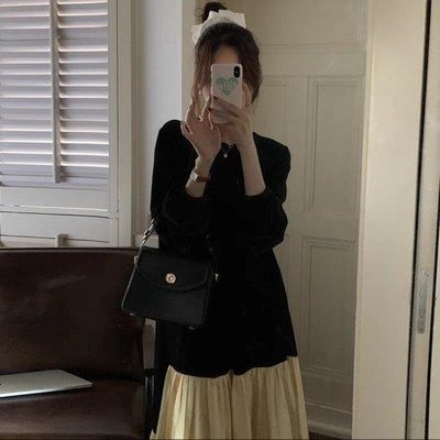 新品 韓國時尚氣質圓領撞色絲絨連身裙洋裝