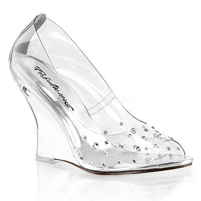 Shoes InStyle《四吋》美國品牌 FABULICIOUS 原廠正緞面水鑚透明楔型高跟魚口鞋 出清『銀白色』