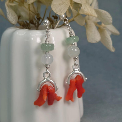 【善觀手作精品】耳環 天然 MOMO 紅珊瑚 珊瑚枝 翡翠 水沫子 925銀 寶石 金工 飾品 首飾