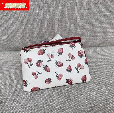COACH23674 新款女士手拿包 草莓櫻桃印花圖案拉鏈錢包 手腕包 手機包