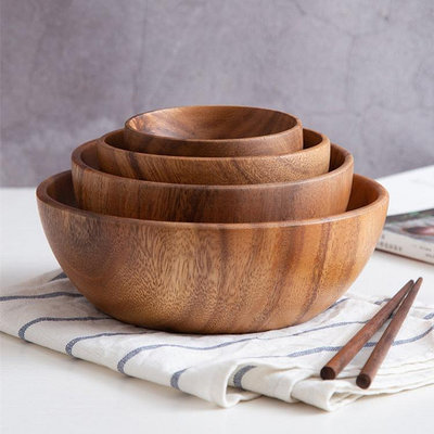 日式平底木碗相思木整木木缽大號木盆木制米飯碗和面盆水果沙拉碗