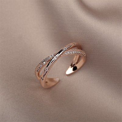 簡約交叉鋯石食指戒指女ins潮網紅時尚個性可調節微鑲玫瑰金指環,特價