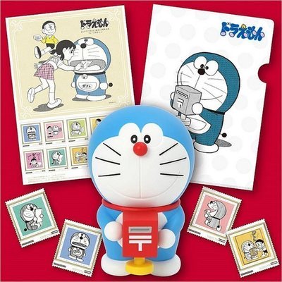 哆啦A夢 日本郵便局  限量套裝郵票 誕生45週年紀念內含郵票/B5文件夾/哆啦A夢公仔 GIFT41 小日尼三
