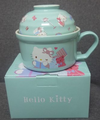 正版﹝Sanrio﹞授權※Hello Kitty凱蒂貓※二件式【藍色小熊圖案造型】陶瓷握把式泡麵碗